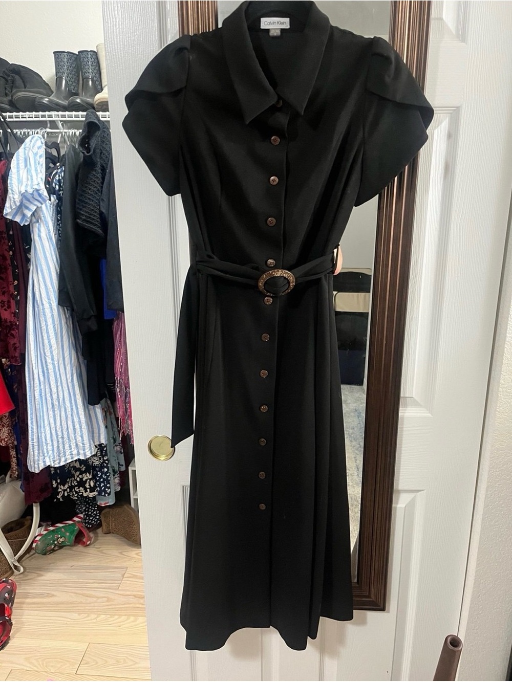 Black Calvin Klein Maxi Dress with Belt and Buttons